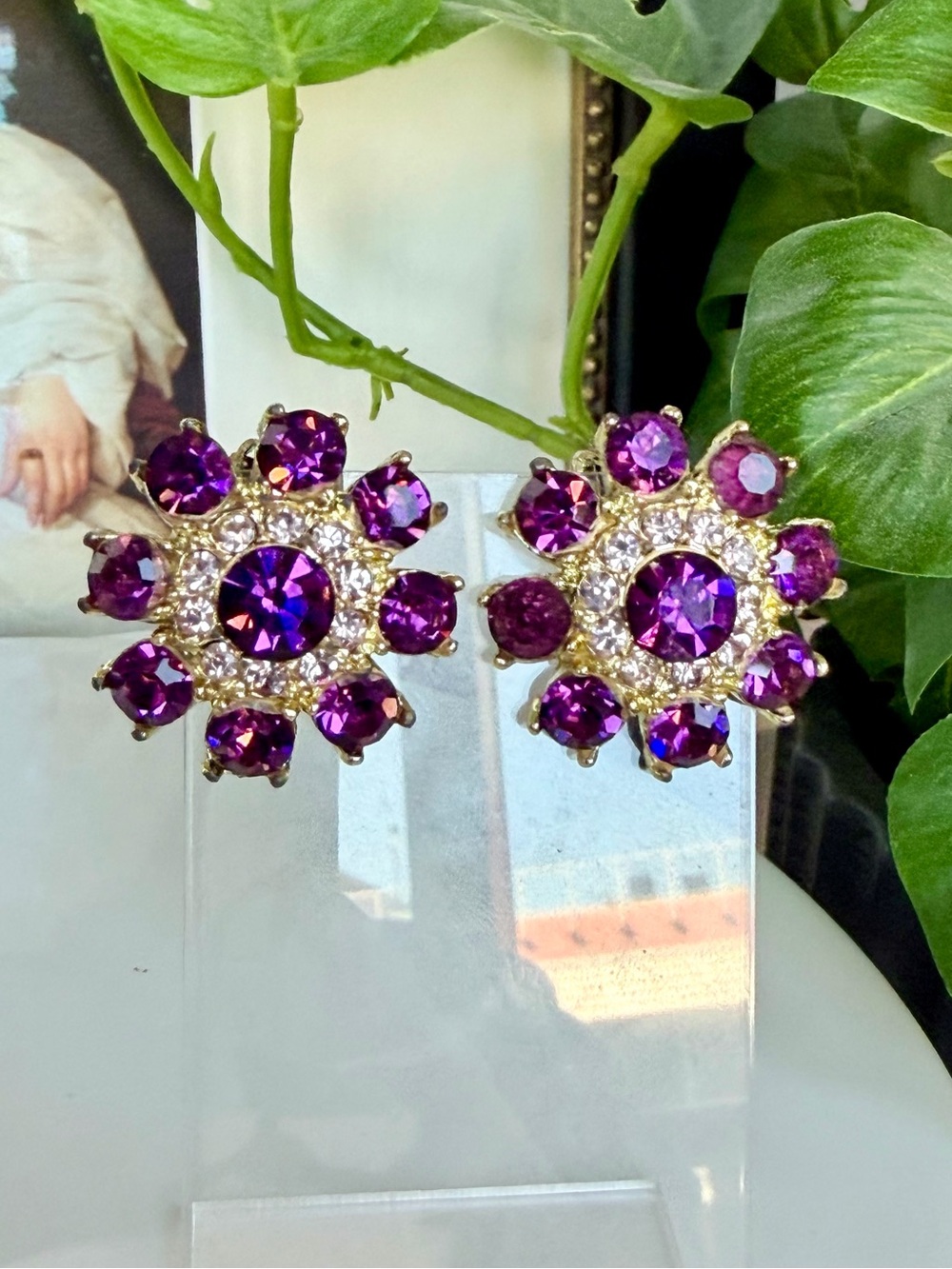 Vintage Purple Crystal Floral Earrings